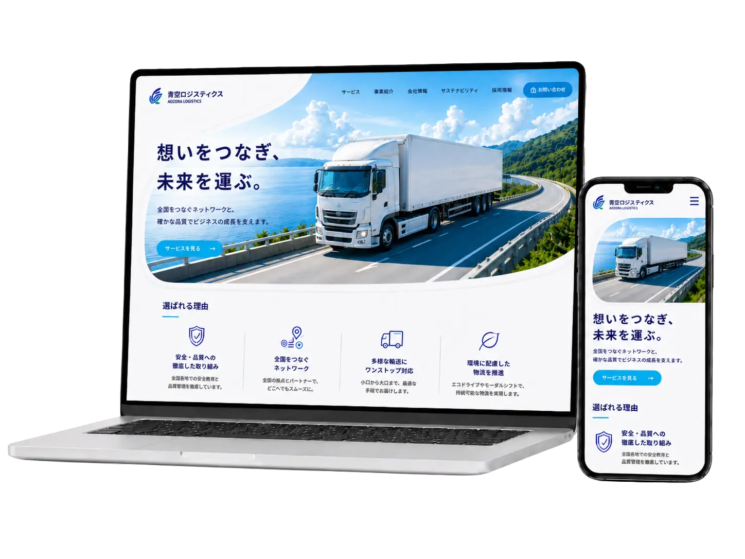 青と白を基調にした爽やかな物流会社サイト制作イメージ。PCとスマホにサービス、事業紹介、会社情報、選ばれる理由を表示。